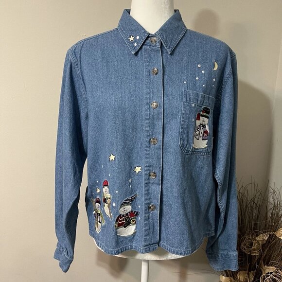 Vintage Christopher & Banks Womens Size M Blue Denim Snowman Crop Shirt Jacket - Picture 1 of 11